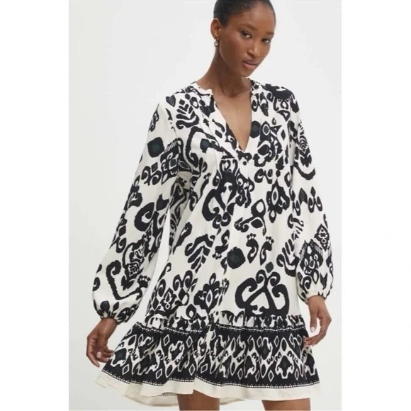 NWT Zara Black & Ecru Patterned Mini Dress - Picture 2 of 7